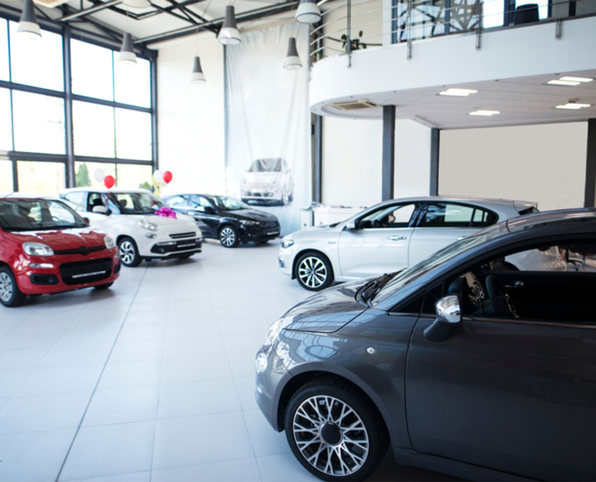 Side view of new cars in dealership showroom
