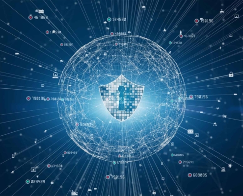 Front view of a blue lock security graphic