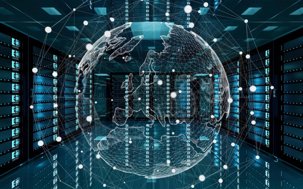 Front view of globe graphic in server room