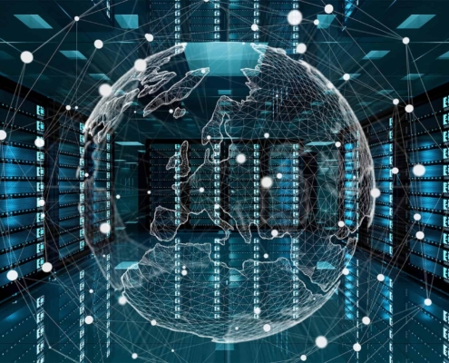 Front view of globe graphic in server room