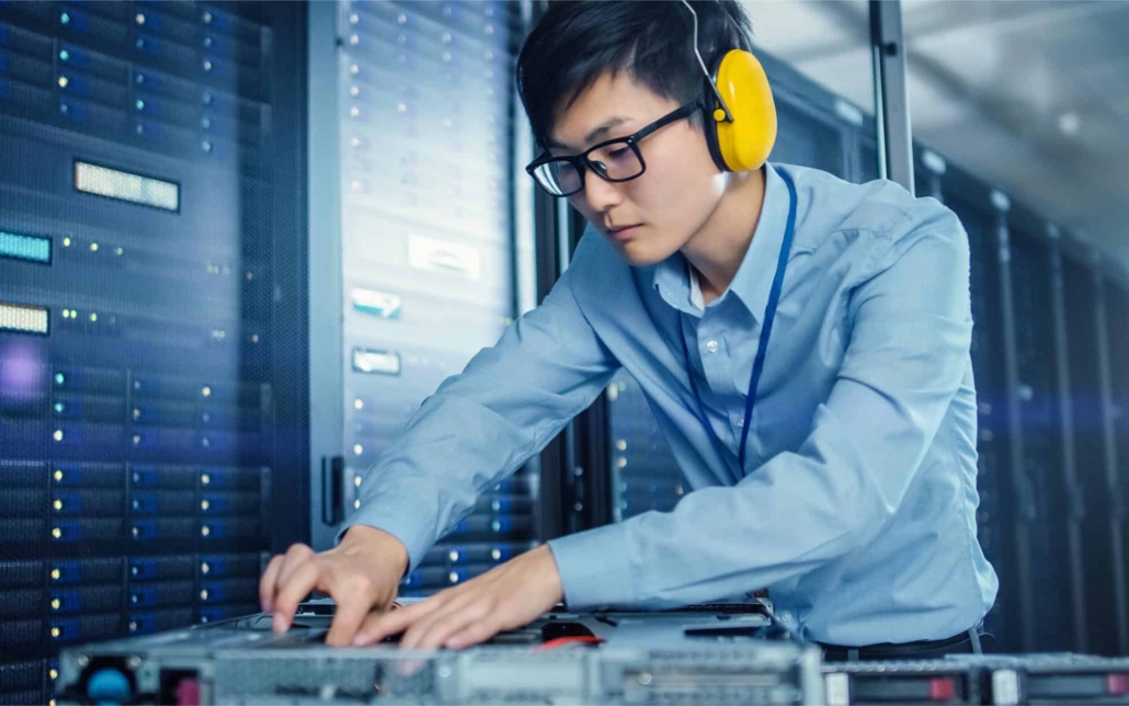Tech professional working in data center