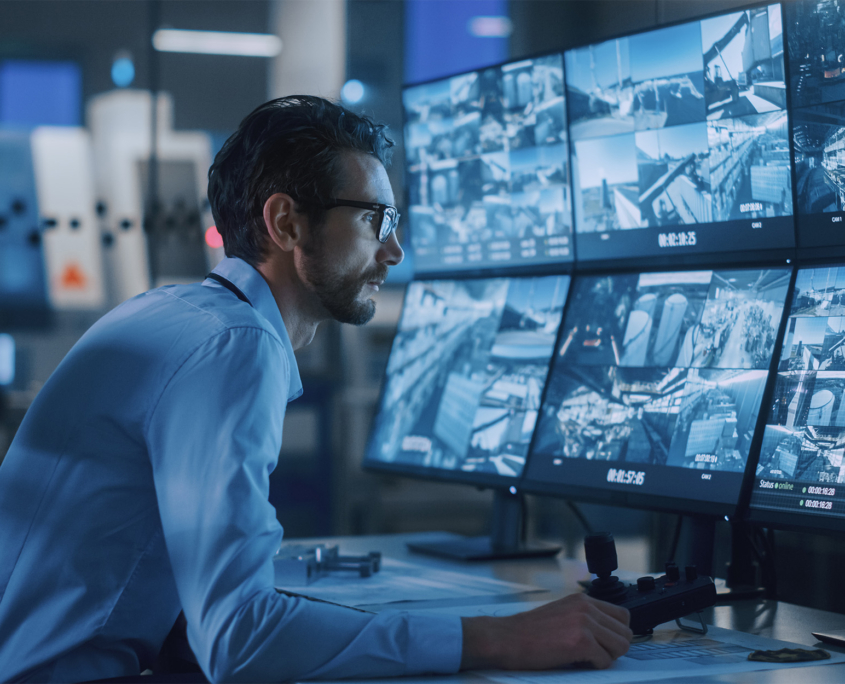 Side view, man looks intently at six screens of CCTV footage