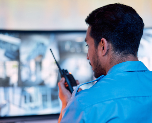 Security guard, radio and cctv screen, communication and inspection service for building safety