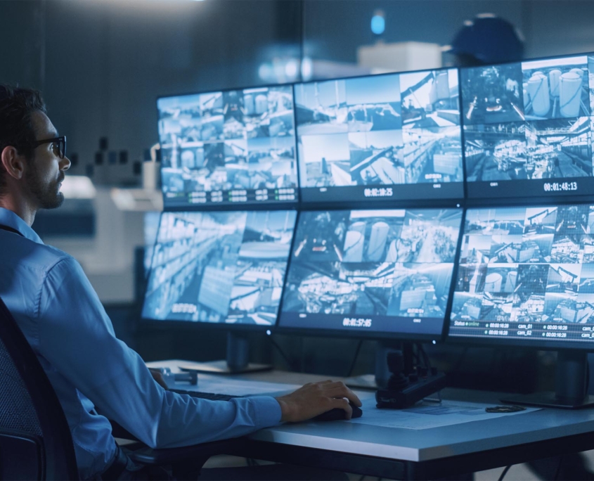 Tech professional checking video surveillance on computer